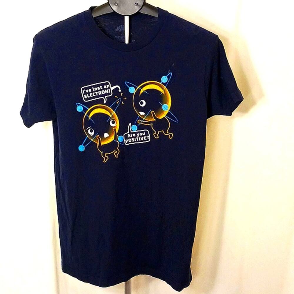 Funny Science T Shirt Men's Sz M NAVY BLUE Electrons Positive Cartoon Humor WORK